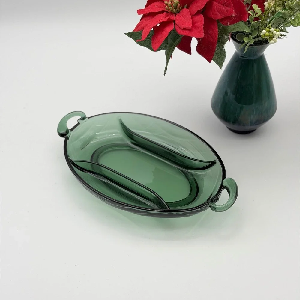 Vintage Emerald Green Glass 3-Compartment Relish Tray Scrolled Handles Christmas